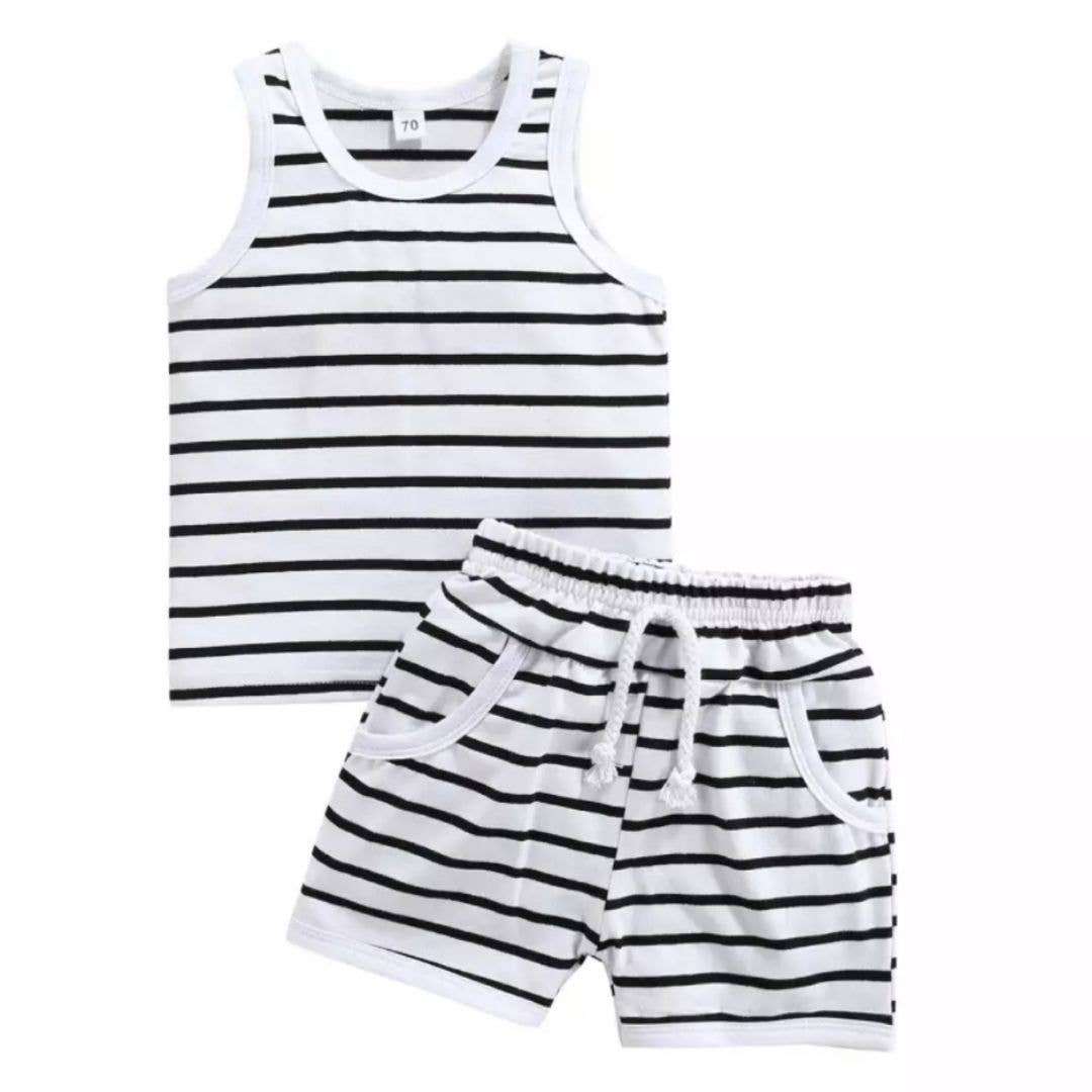 Tiny White/Black Nautical Stripes Two-Piece Shortie Set